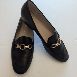 Black Gianni Bini Loafers with Gold Chain Accent